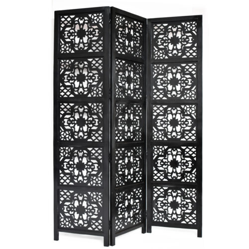 Dahlia 3 Panel Wood Screen, Black