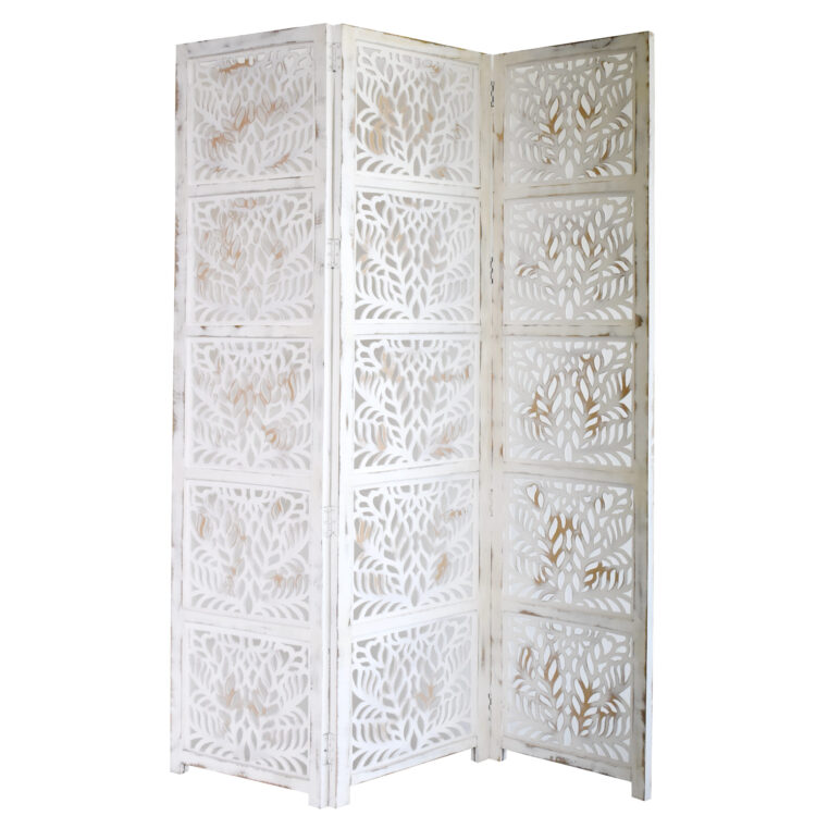 Fern 3 Panel Wood Screen, Antique White