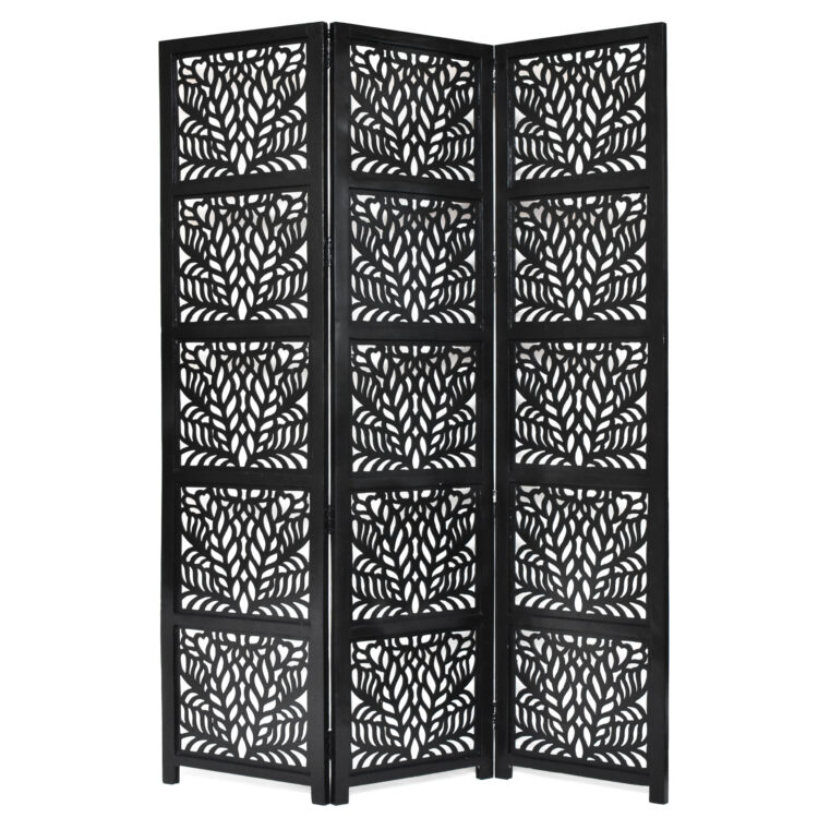 Fern 3 Panel Wood Screen, Black