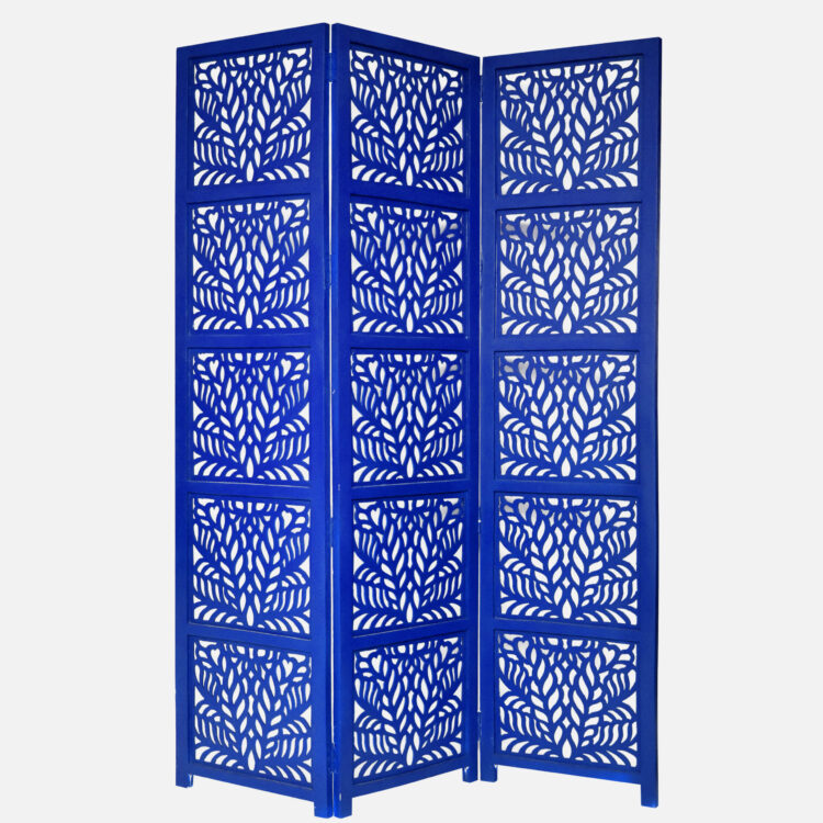 Fern 3 Panel Wood Screen, Blue